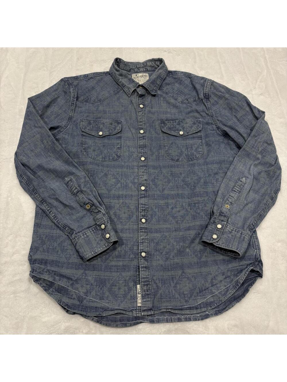 Lucky Brand Chambray Western Shirt Men's L Cotton Blend Snap Button Blue Denim